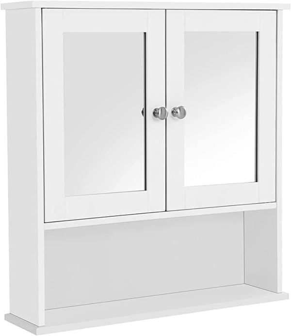 Badeværelsesskab med spejl, vægmonteret skab med 2 spejldøre og åben hylde, justerbar hylde.  13 x 56,5 x 58,5 cm. Klassisk hvid.