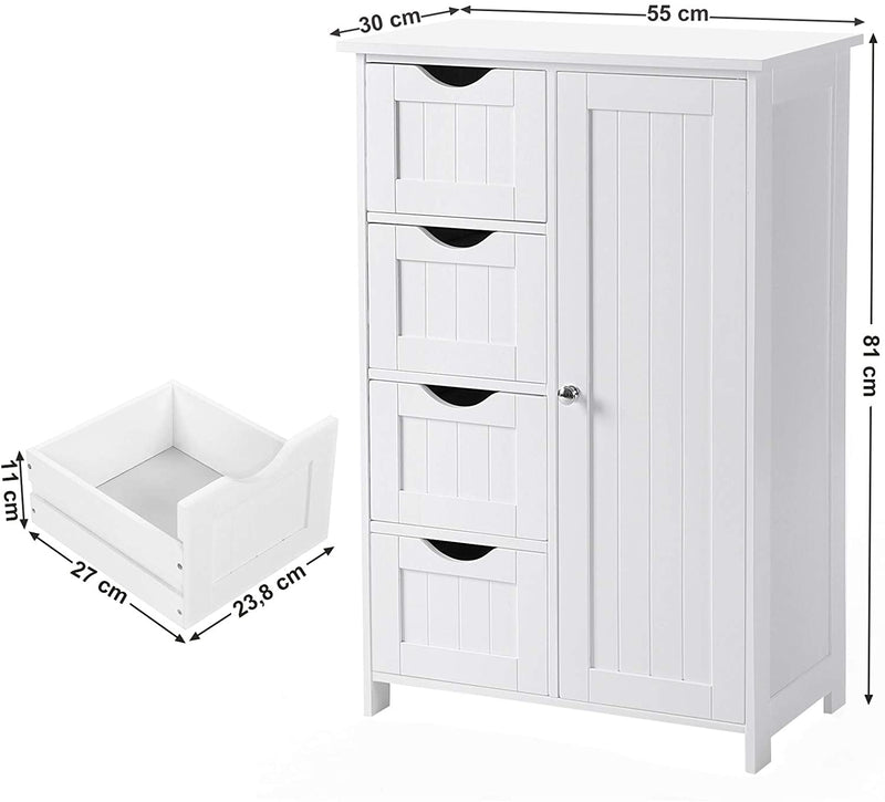Badeværelses gulv skab med 4 skuffer, en enkelt dør, justerbare hylder - til stue, køkken og entré. Hvid MDF, H81x55x30 cm. Elegant og pladsbesparende.
