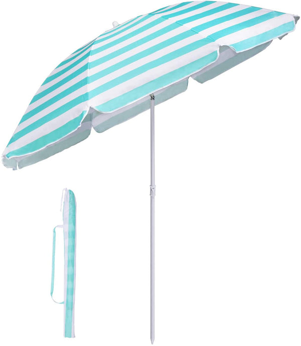Strand parasol med turkis og hvide striber, Ø 1.6m, med tilt funktion, uden fod