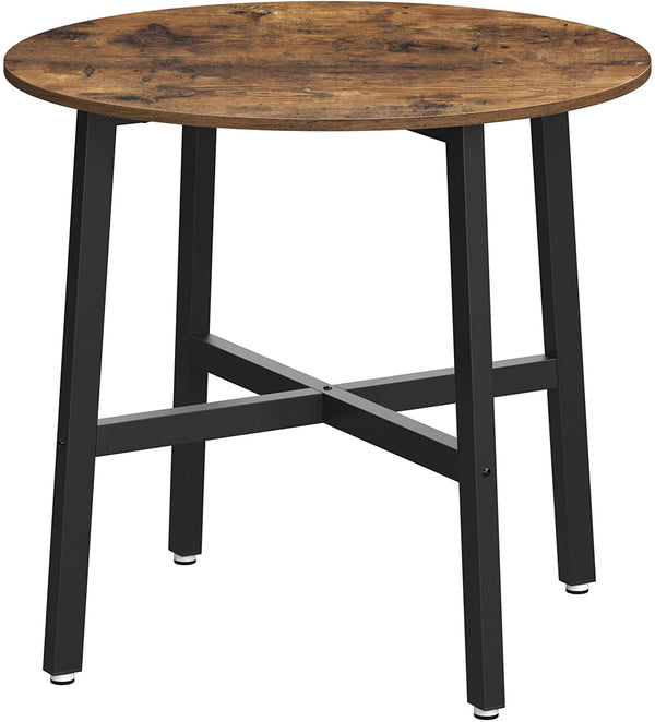 Rundt spisebord til stuen eller kontoret, 80 x 75 cm (diameter x højde), sort metal og spånplade i rustikt træ farve. Ekonomisk og plads besparende.