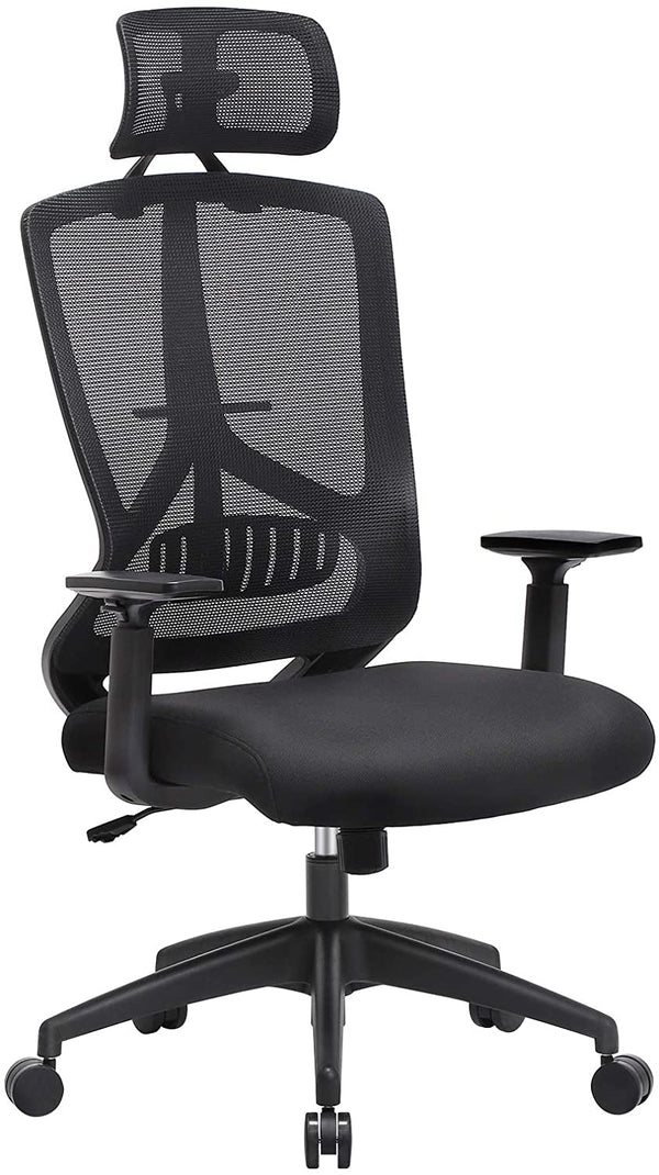 Ergonomisk kontorstol Esbjerg  med lændestøtte,  justebar nakkestøtte og armlæn, drejestol, sort, bæreevne 120 kg, ryg højde max 81,5 cm.