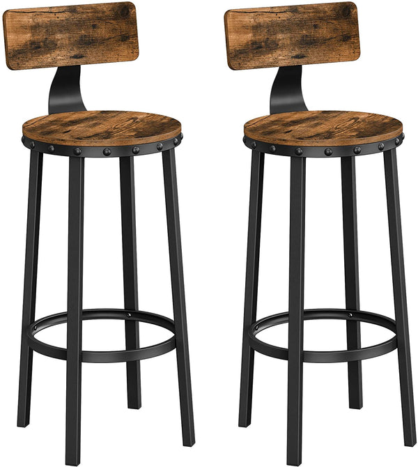 Barstole, sæt af 2, høje barstole til køkken, stue, kafeer. Stabil stålramme, rustikt træ farve, nemt at samle. Sædehøjde: 73cm, sæde Ø 37cm.