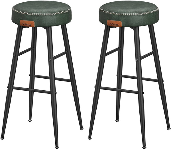Høje barstole, uden ryglæn, sæt af 2, moderne, grøn kunstlæder og sort metal, stabile, perfekte til køkken, stue, bar. H76,2 cm, sæde Ø 33 cm.