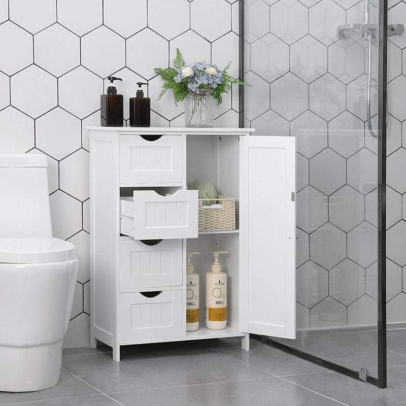 Badeværelses gulv skab med 4 skuffer, en enkelt dør, justerbare hylder - til stue, køkken og entré. Hvid MDF, H81x55x30 cm. Elegant og pladsbesparende.