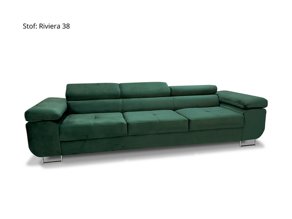 Andre 3 personers sofa, en stor komfortabel møbel, behagelig sofa ti stuen, mål L275 x H60/90 x B100cm, justebar nakkestøtte. Ideelt til familie.