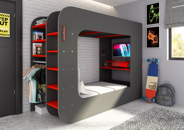 Højseng til børn, gaming seng, sort og rød spånplade med LED-belysning, hylder og hængeskinner. Rummelig, med sofa seng