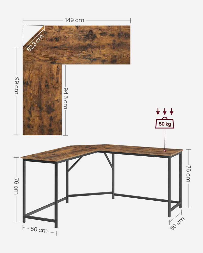 Stort hjørneskrivebord, 149 x 149 x 76 cm, sort metal ramme, overflade i rustikt træ varve. Pladsbesparende, nem samling. Ideelt til hjemmekontor.