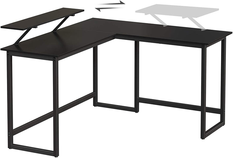 hjørne skrivebord i sort farve med en hylde