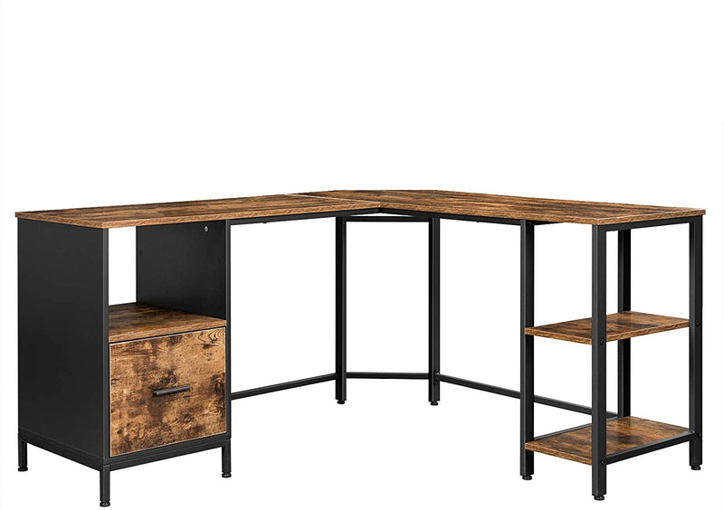 Hjørne skrivebord med hylder og inbygget skab og skuffekassette. Perfekt til hjemmekontor, pladsbesparende. Metal og spånplade i rustikt træ farve.