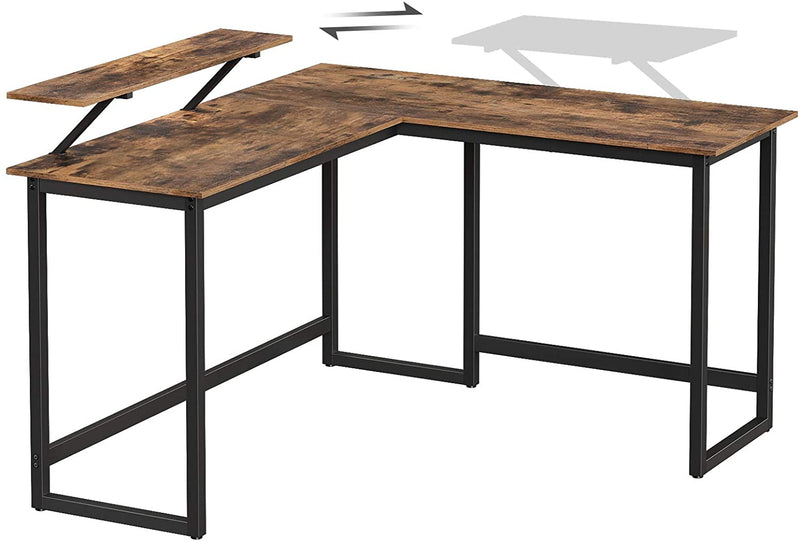 Hjørne skrivebord med skærm hylde til studier, arbejde, gaming. Pladsbesparende, justebare ben, metalramme, nemt at samle og passe. Rustikt træfarve.