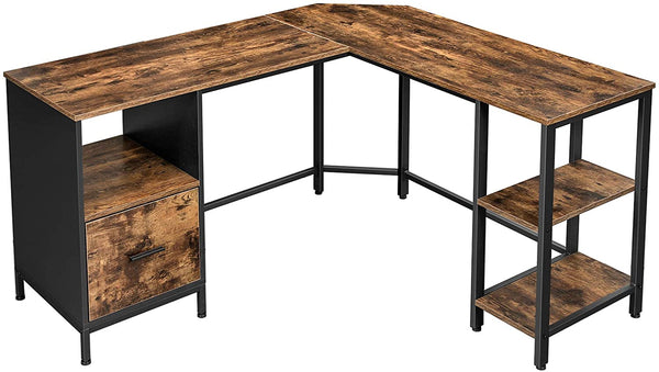 Hjørne skrivebord med hylder og ingygget skab og skuffekassette. Perfekt til hjemmekontor, pladsbesparende. Metal og spånplade i rustikt træ farve.