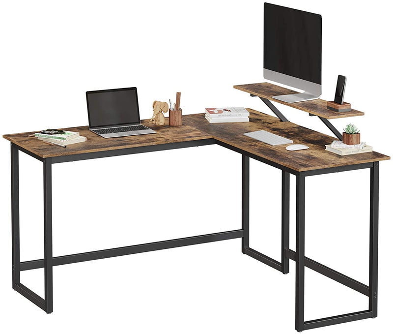 Hjørne skrivebord med skærm hylde til studier, arbejde, gaming. Pladsbesparende, justebare ben, metalramme, nemt at samle og passe. Rustikt træfarve.