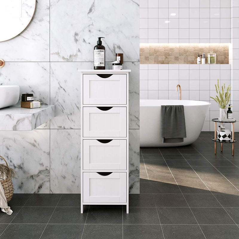 Lille elegant badeværelsesskab, hvid, 4 skuffer, 30 x 30 x 82 cm, smalt, pladsbesparende. Ideelt for lejligheder og huse.