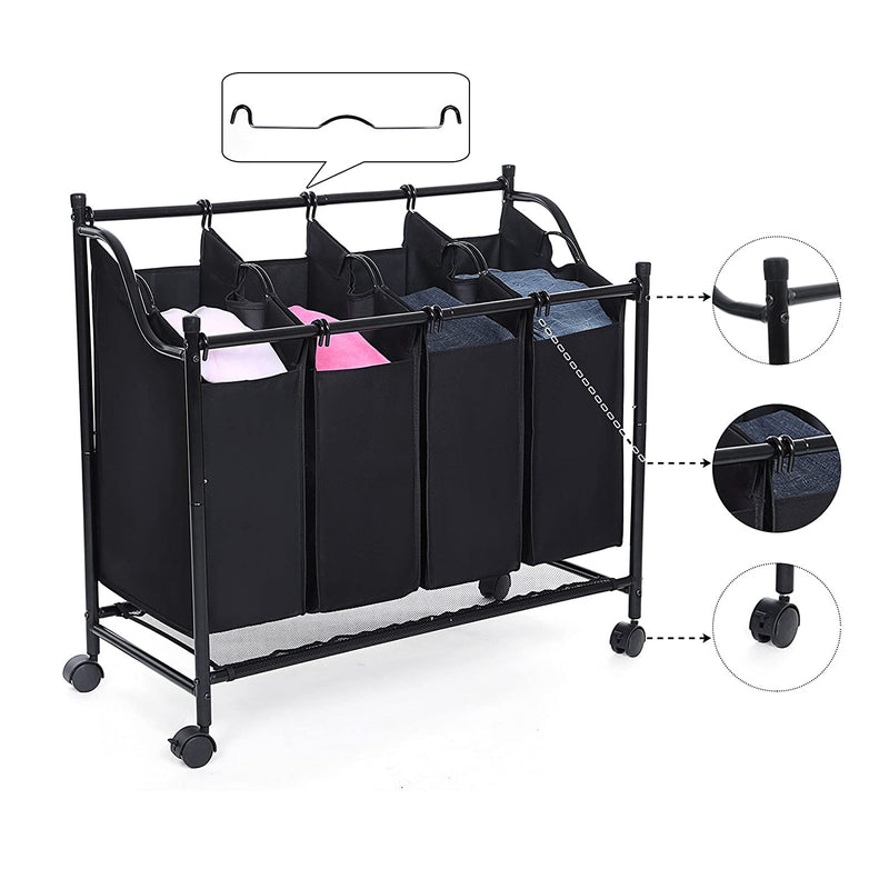 Vasketøjskurv med 4 aftagelige sort stof poser, 4 x 35 l, på hjul, til vaskerum, badeværelse, sovevarelse. Sort metal stabil ramme. Ideel for store familie.