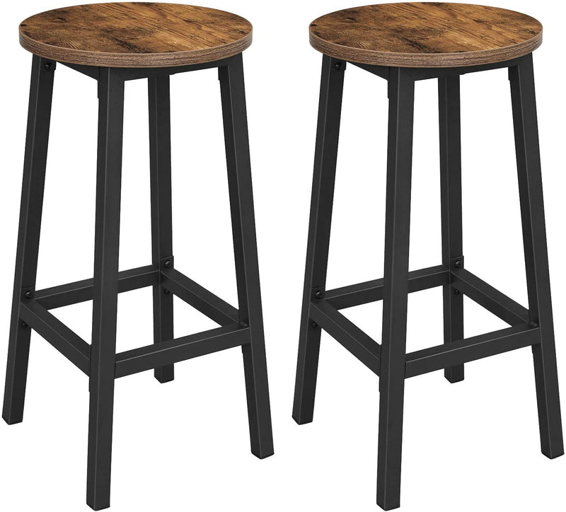 Barstole, sæt af 2, højde 65 cm, stabil, nemt at samle, sort metal og rustik træ farve spånplade. Ideelt til køkken og stue.