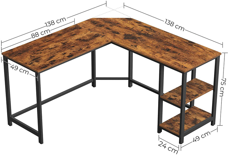 Hjørneskrivebord i rustik træfarve med hylder