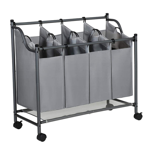 Vasketøjskurv med 4 aftagelige grå stof poser, 4 x 35 l, på hjul, til vaskerum, badeværelse, sovevarelse. Sort metal stabil ramme. Ideel for store familie.