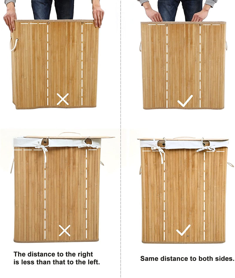 Bambus vasketøjskurv, 100L, foldbar med låg, 2 rum, maskinvaskbar pose, naturlig farve, miljøvenlig, overkommelig pris