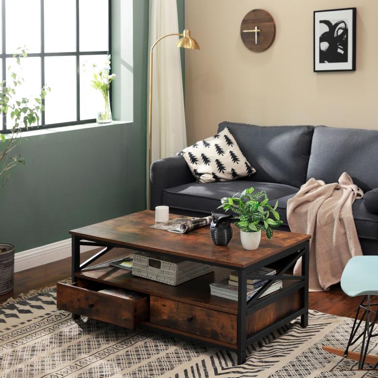 Sofabord i mørkebrun farve med skuffer